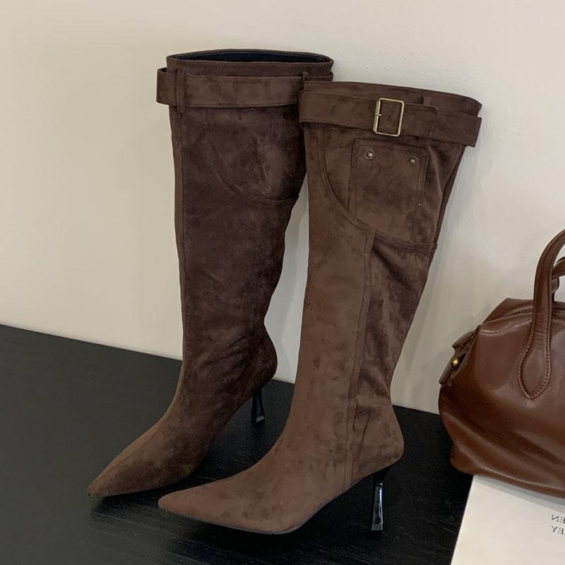 Eilyken Street Style Design Strap Buckle Pointed Toe Women Knee High Boots Sexy Thin High Heels Banquet Party Shoes