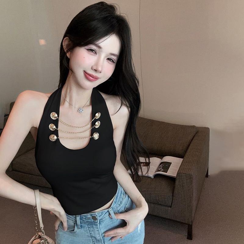 Summer Women'S Sexy Metal Chain Decoration Halterneck Sleeveless Slim Camisole
