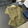 Hooded Shoulder Short Sleeve T-Shirt Women's Summer Large Size Slim Skinny Chic Belly Cover Zipper Sweater Jacket Trendy Fitted Hooded Zip-up Top