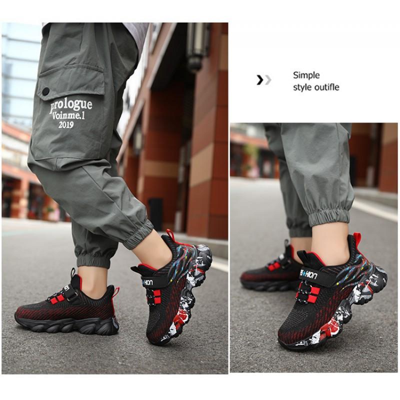 Boys Running Shoes Kids 7-12 Years Lightweight Breathable Mesh Sneakers With Hook Loop
