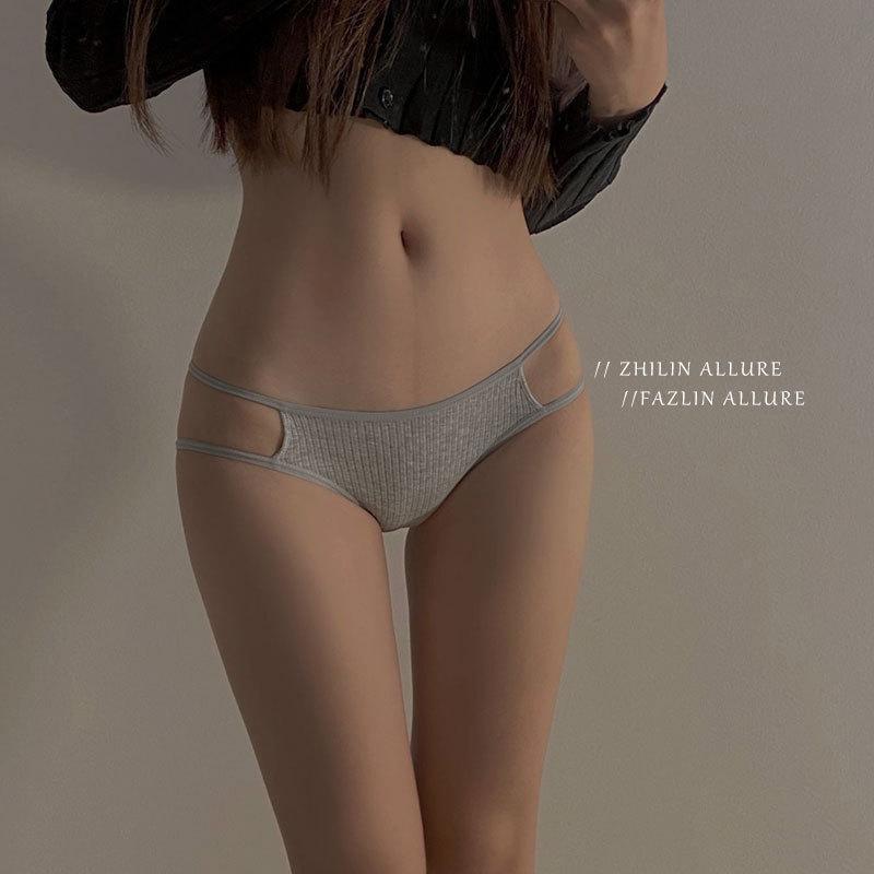 Women's Low-Waist Hollow Sexy Underwear, European & American Style, Solid Color, Pure Cotton, Autumn/Winter