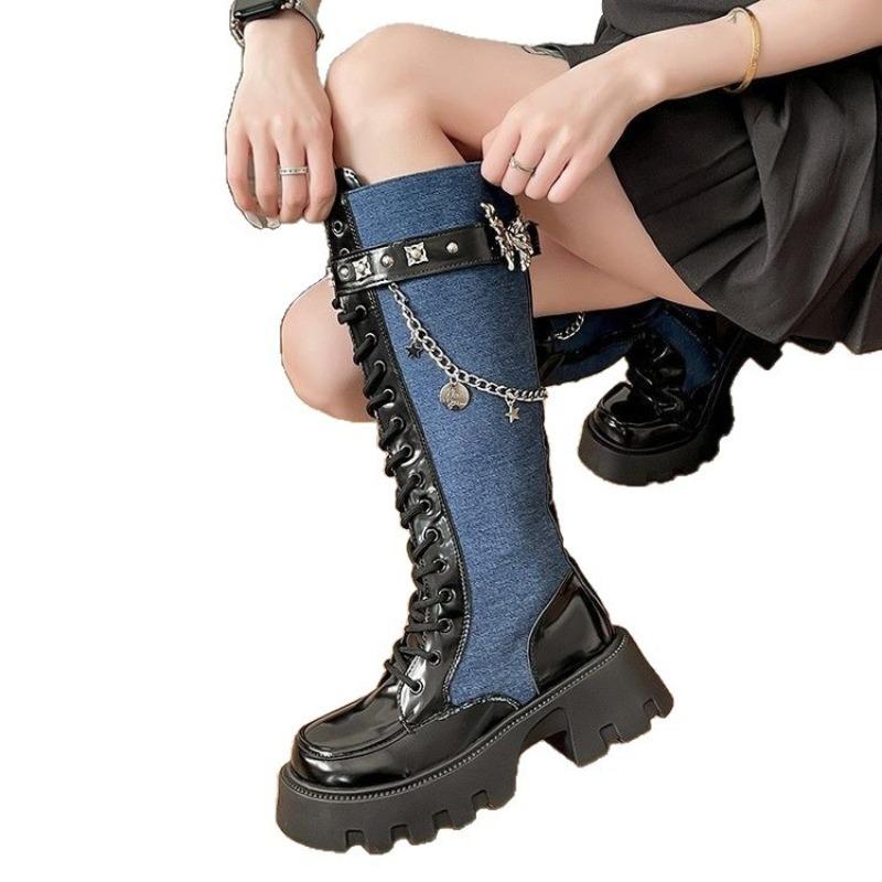 Thick-soled boots Liquid butterfly sweet cool wind fried street knight boots increase height and thin punk niche design willow nail denim