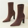 Botines de Invierno Aneikeh Punta Fina Tacón Grueso Tipo Calcetín Flock Botas para Mujer Zapatos Femeninos Sexy Tallas Grandes 34-42