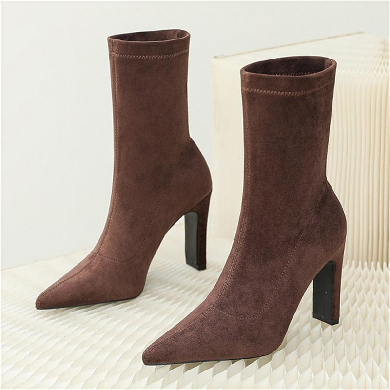 Botines de Invierno Aneikeh Punta Fina Tacón Grueso Tipo Calcetín Flock Botas para Mujer Zapatos Femeninos Sexy Tallas Grandes 34-42