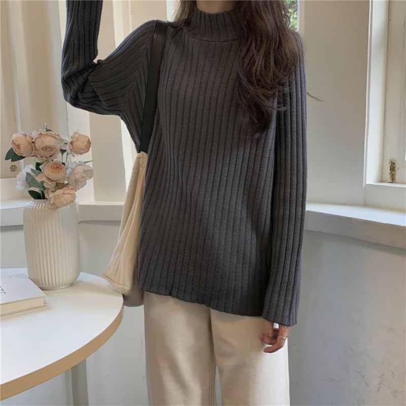 [Village H&T] ladies sweater knit tops casual simple half turtleneck Relaxing rib knit Going out Beautiful autumn/winter long sleeve 137 (dark gray)