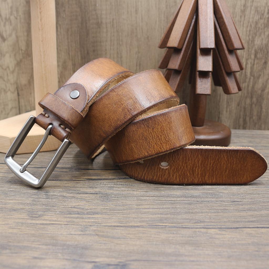 3.8Cm Washed Retro Belt Men'S First Layer Cowhide Locomotive Pin Buckle Casual Jeans Belt Genuine Leather