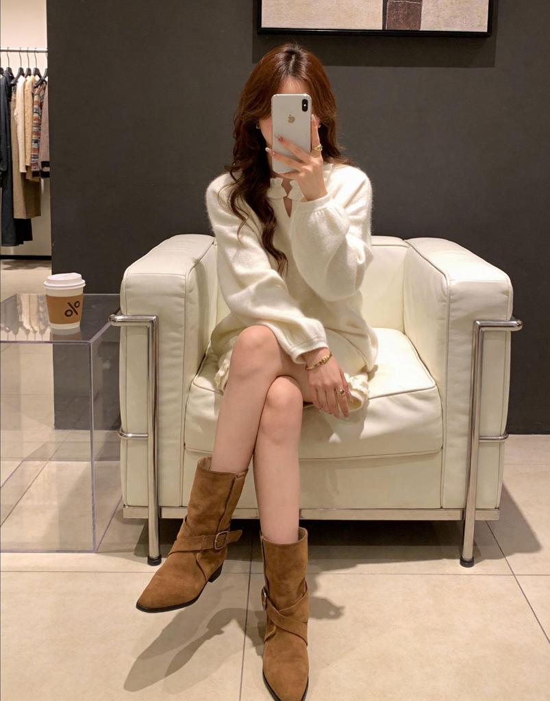 Elegant Winter Knit Sweater & Skirt Set with Lace V-Neck