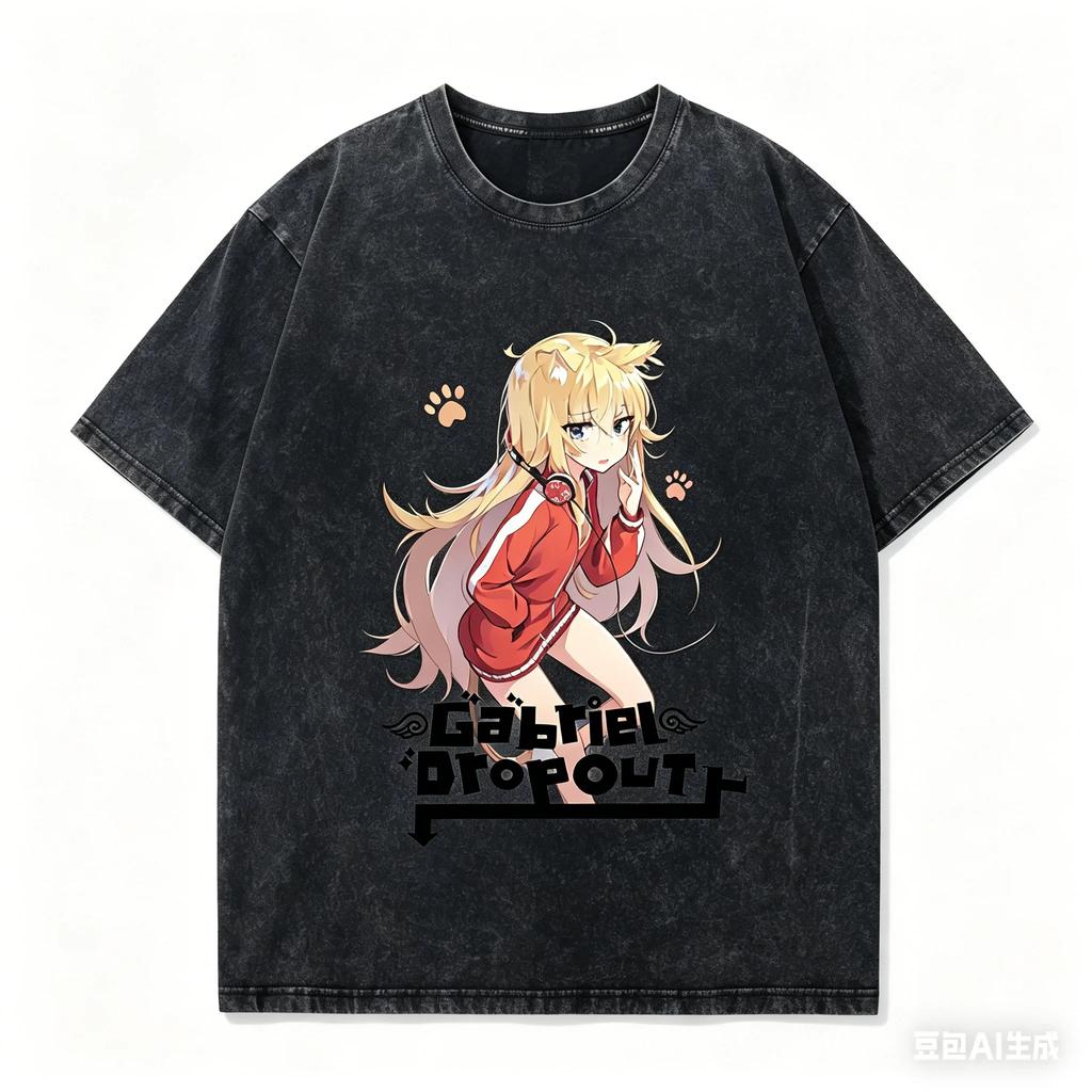 Stylish Washed Black Oversized T-Shirt with Cute Blonde Anime Girl Birthday Graphic Print T-shirt