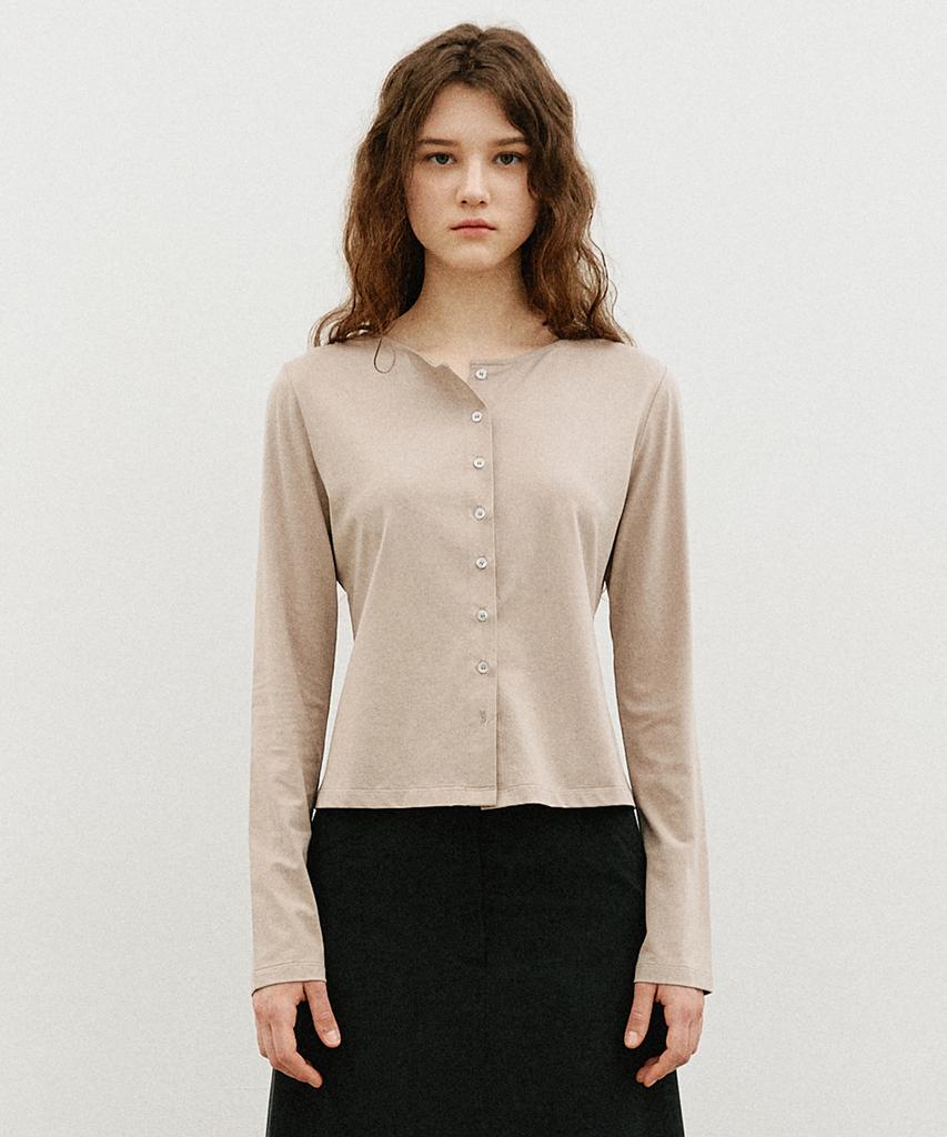 ARTID Boat Neck Open Button Long Sleeve T-Shirt_Beige