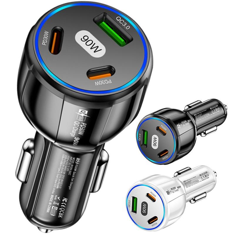 Car 90W 3-in-1 Charger QC3.0 PD Type C USB Moblie Phone Fast Charging for IPhone Xiaomi Samsung Auto Quick Charger Adapter