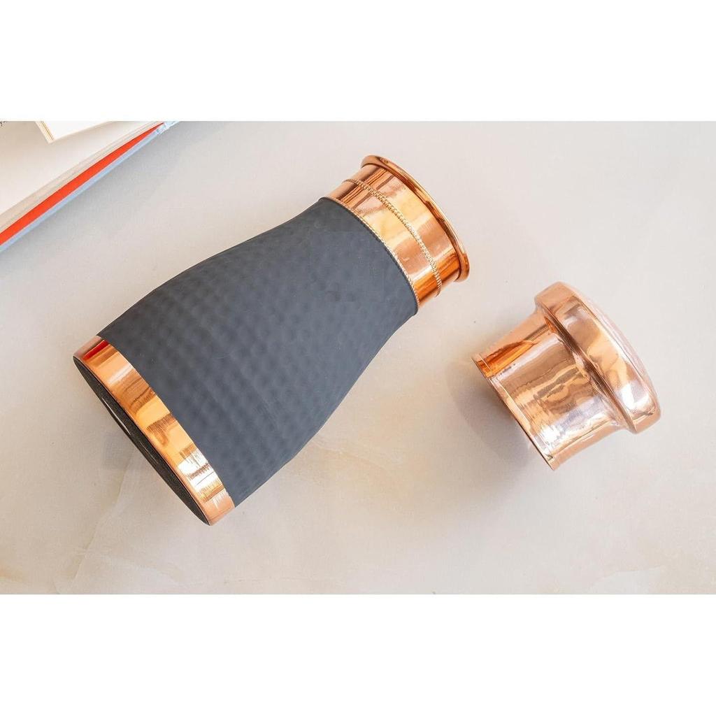 Pure Copper Bedroom Bottle with Inbuilt Glass, Grey Silk Finish Hammered Design - Drinkware & Storage Purpose, Volume 900 ml