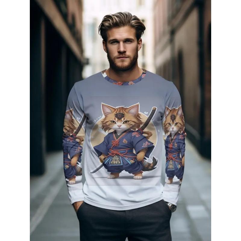 Samurai Cat T-Shirt for Men Funny Animal 3D Graphic Men's Long Sleeve Tee O-Neck Men's Clothing Japanese Anime Style Y2k Tops