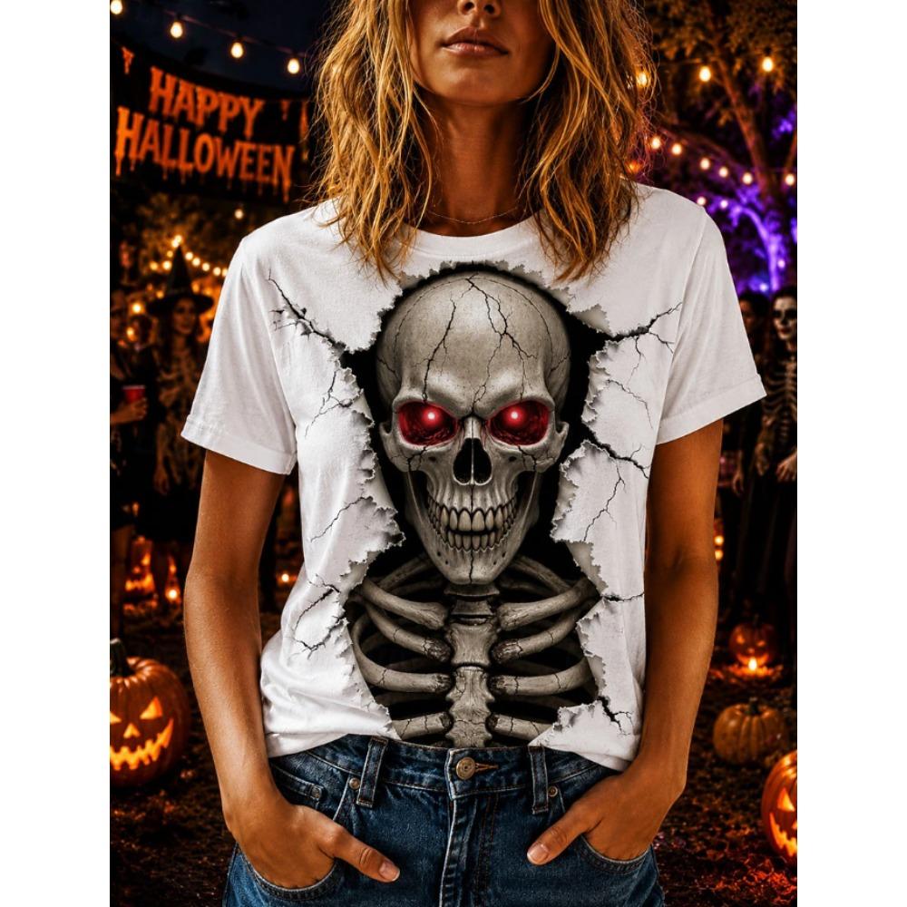 Fashion Women Skeleton Pattern Print T Shirt Funny Casual O-neck Short Sleeves T-shirt Summer Female Tee Shirt