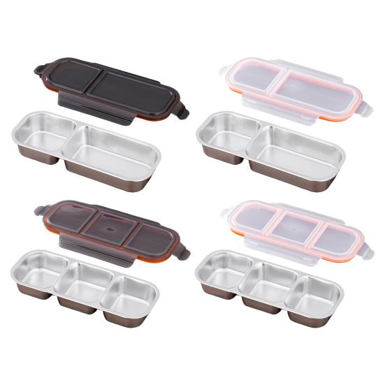 2Pcs Stainless Steel Snack Containers Leak-proof Sauce Box 700ml Divided Snack Food Containers 2/3 Compartment Condiment Box with Lids for Kids Adults