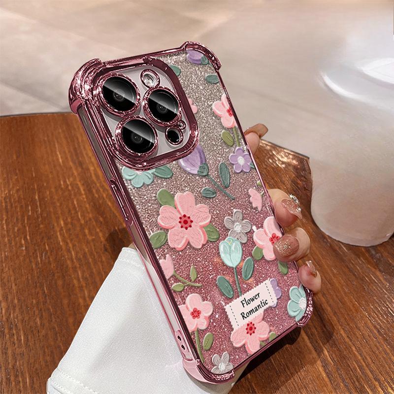 Ins Oil Painting Flowers Suitable for Apple 16e Mobile Phone Case Iphone15promax Electroplating 14 Anti-fall 13 High-end Sense