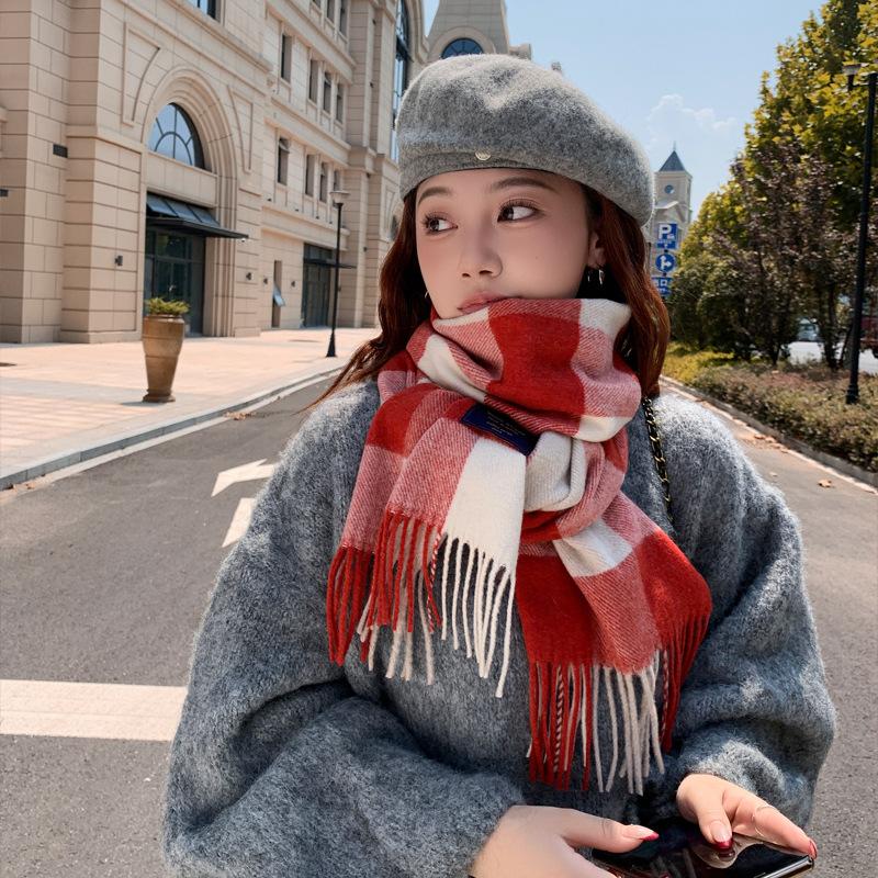 Luxury Autumn Winter Korean Plaid Scarf Women Thickening Warm Tassel Shawl Cashmere Muffler Fashion Designer Scarves