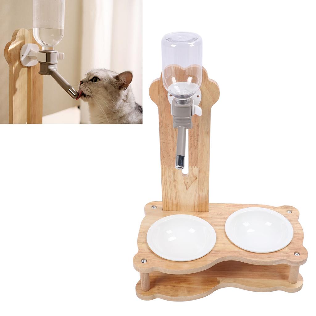 Wood Raised Cat Food Bowls Multifunctional 2 in 1 Automatic Cat Water Feeder and Food Bowl Set with Stand for Dog Pets