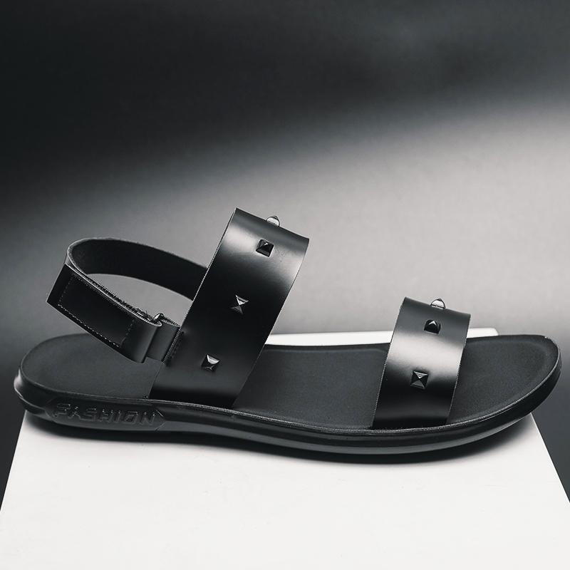 Fashion Summer New Men Gladiators Punk Rivet Leather Casual Shoes Breathable Beach Sandals Outdoor Slippers Black White Plus Size