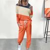 Yousheng 2 Pcs/Set Women Top Pants Suit Round Neck Long Sleeves Colorblock Sport Sweatshirt Drawstring Elastic Waist Trousers Fitness Outfit Fall