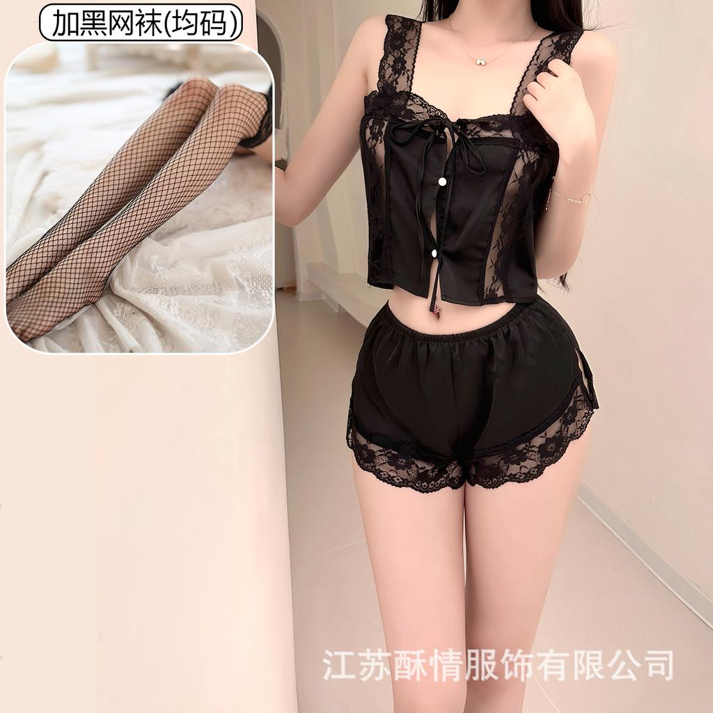 Crispy Sexy Sweet and Spicy Women's Summer Ice Silk Thin Pure Desire Suspender Shorts Two-piece Set Lace Temptation Set