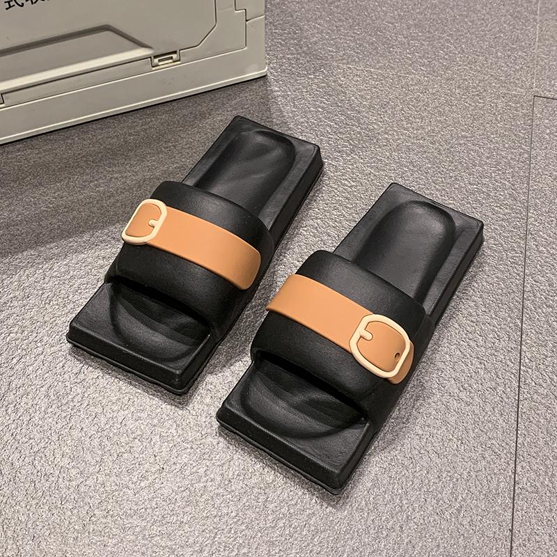 Fashion Summer New Flat Slippers Women Fashion Square Head Shallow Mouth Open Toe Matching Color Anti-slip Wear-resistant Sandals