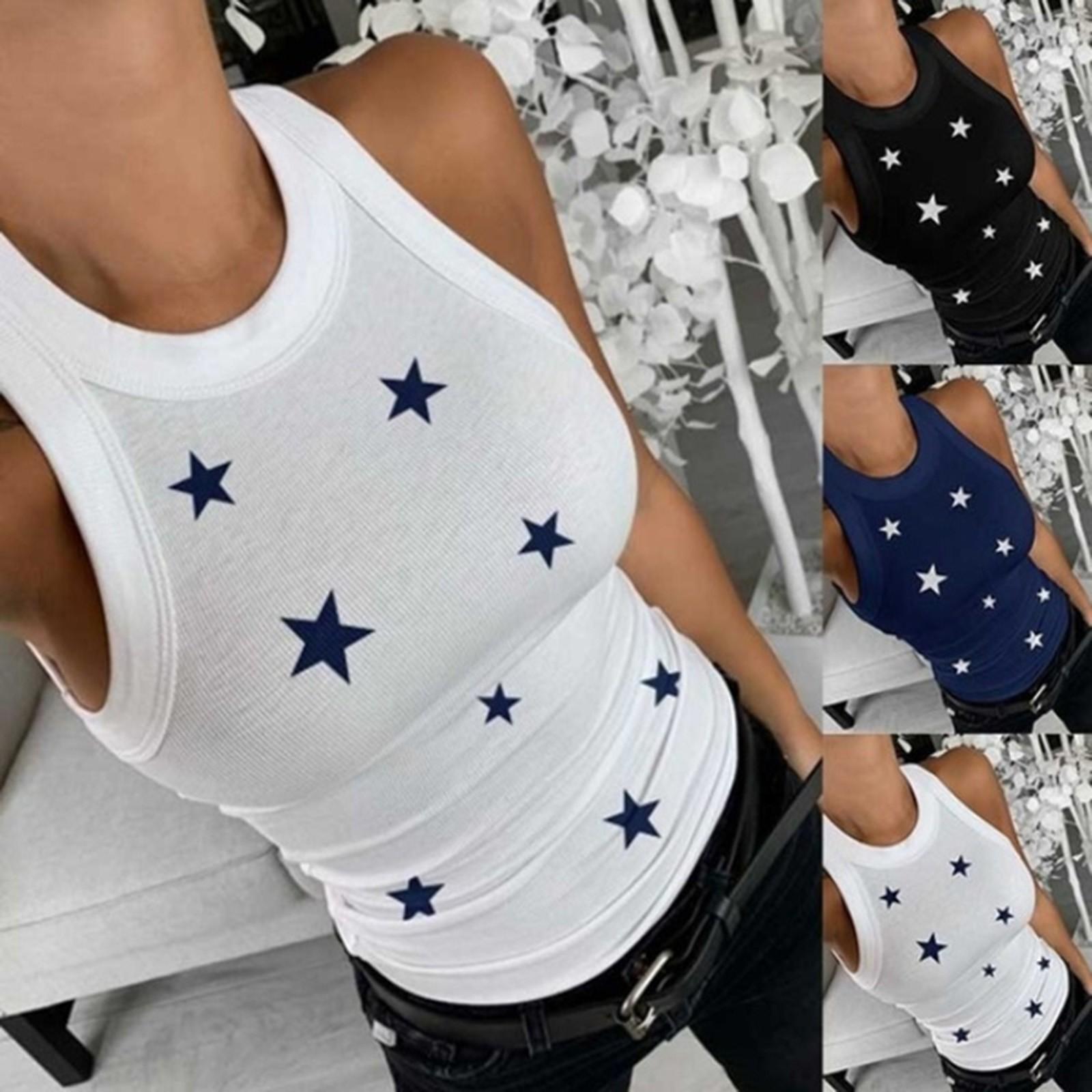 

Женская мода, повседневная летняя облегающая майка без рукавов с круглым вырезом и звездным принтом