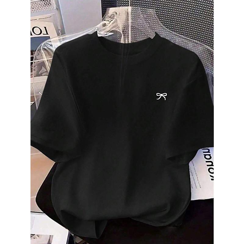 

European sizes Bow Print Summer Round Neck Short Sleeve Casual Women s T-Shirt 4XL