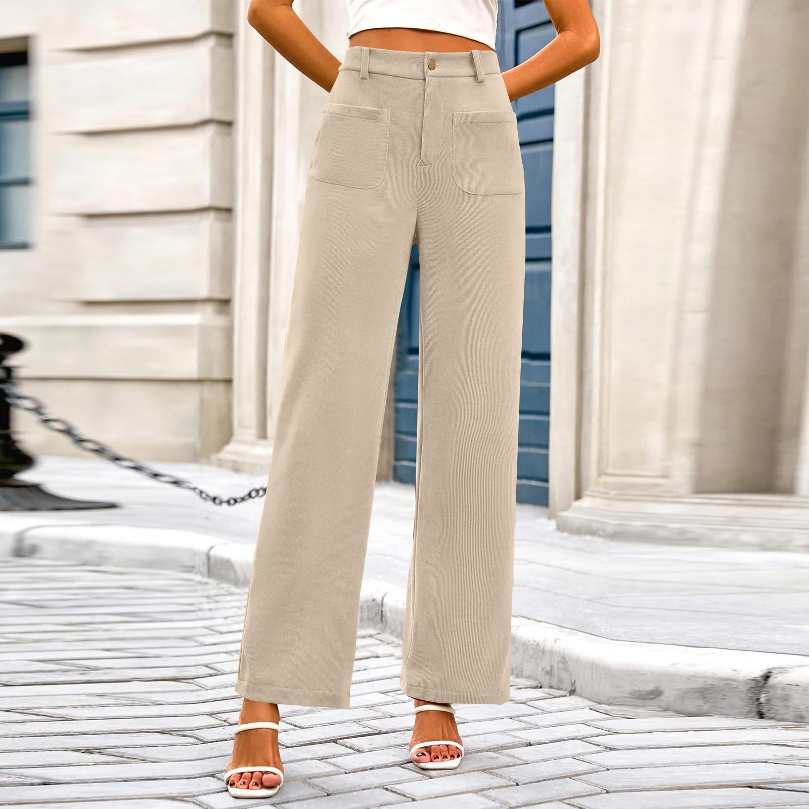 

Women s Casual Wide-leg Stretch High-waisted Button-down Wide-leg Pants Working Straight-leg Pants With Pocket Pants M бежевий