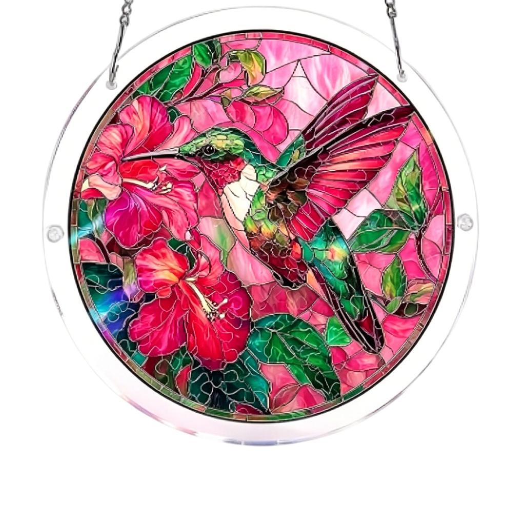 Acrylic Puzzle Hanging Ornament 83 2D Round Suncatcher with Hummingbird and Floral Pattern for Home Window Decor Display