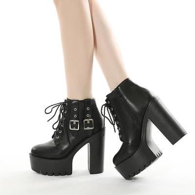 Spring Autumn Black Ankle Boots For Women Nightclub High Heels Shoes Gothic Belt Buckle Korean Thick With Short Boots