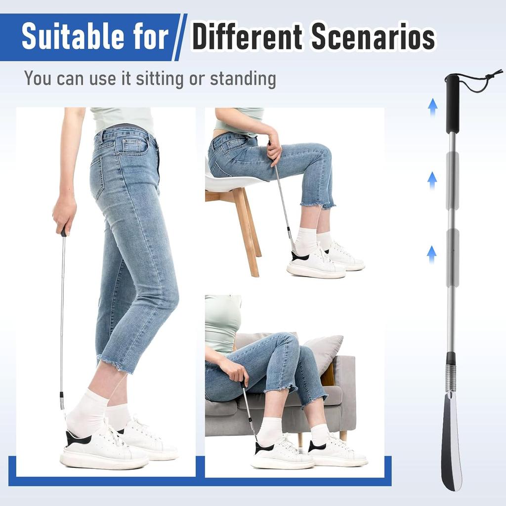 Extendable Shoe Horn Long Handle for Seniors, Twist To Lock, 16" To 31"Adjustable, Stainless Steel Telescopic Shoehorn for Men Women