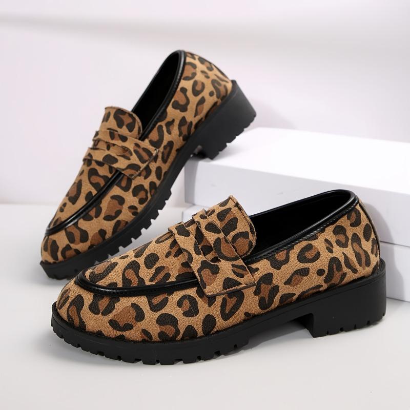Women's Leopard Print Loafers - Slip-On Casual Shoes, Round Toe, Flat Sole, British Style, All-Season Comfort, Black & Brown Animal Print Design