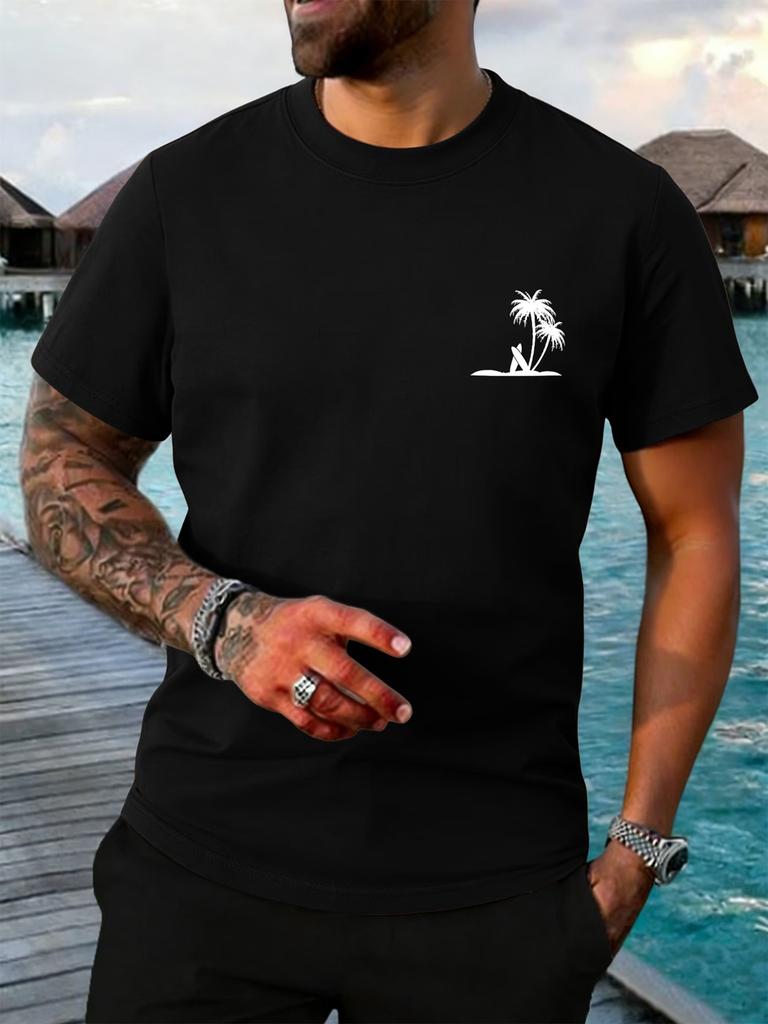 Chest Surf Palm Island Tiny Print Unisexs Crew Neck Short Sleeve Beach Vacation Casual Basic Summer Soft Daily Comfort Tee Shirt