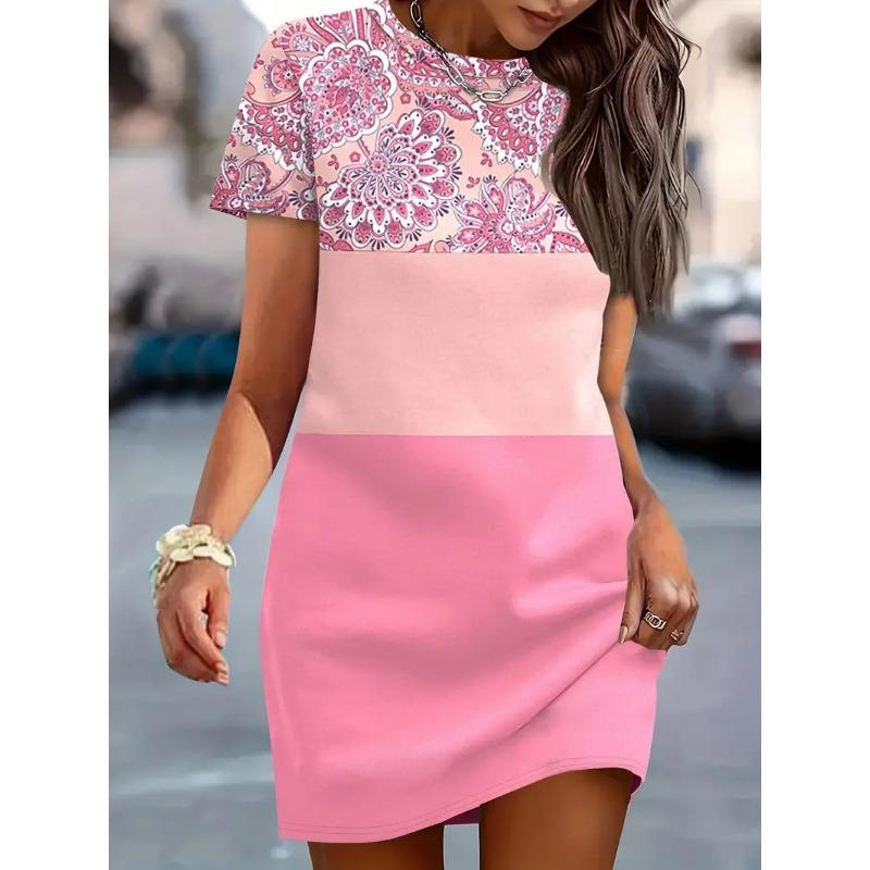 Women's Summer Casual Allover Simple Print O Neck Short Sleeve Dress Shirt Dresses For Women Y2k Ladies Clothes Woman Clothing