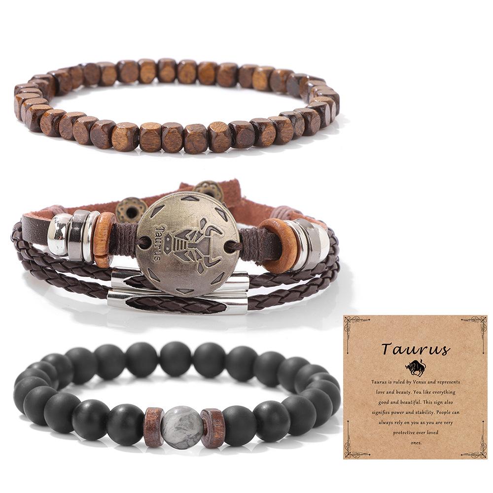 JYL TS Bracelet Zodiac  Set Leather Cord Couple Style Enhances Fate & Mutual Blessing Taurus card