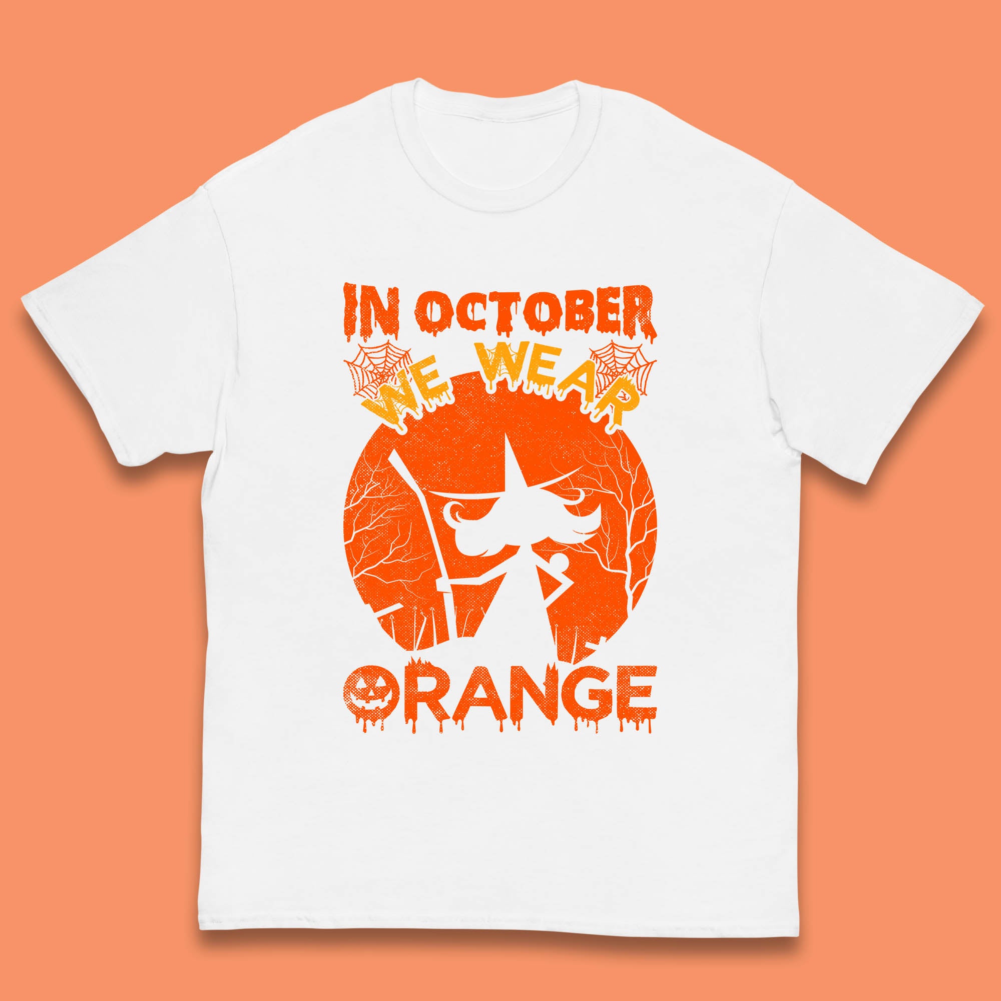 

In October We Wear Orange Funny Quote Scary Witch With Broom Halloween Costume October Festive Kids T Shirt 120