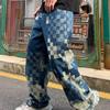 JYL Men's Checkered Jeans Autumn Thin Loose Wide-Leg Trendy Casual Denim Pants