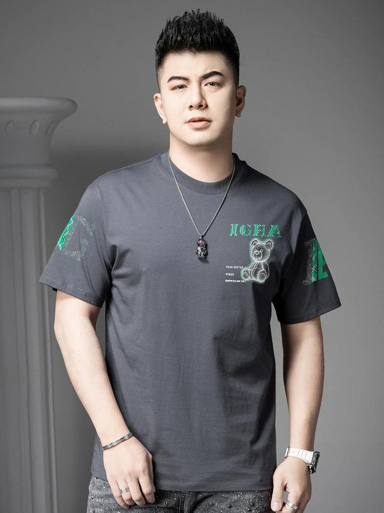 European Goods 2025 Summer New Fashion Brand Rhinestone Bear Print Short-Sleeve T-Shirt Men's Round Neck Half-Sleeve Tee Top