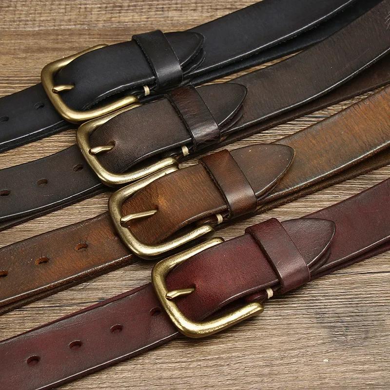 3.8 CM Pure Cowhide Genuine Leather for Men's High Quality Jeans Brass Buckle Belts Cowboy Waistband Male Designer Luxury Cintos