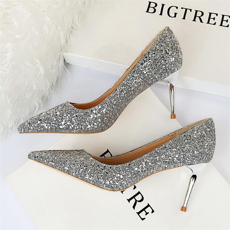  Women Fashion Pointed Toe Thin High Heels Sequins Glitter Luxury Designer Pumps Wedding Bridal Gold Valentine  Shoes