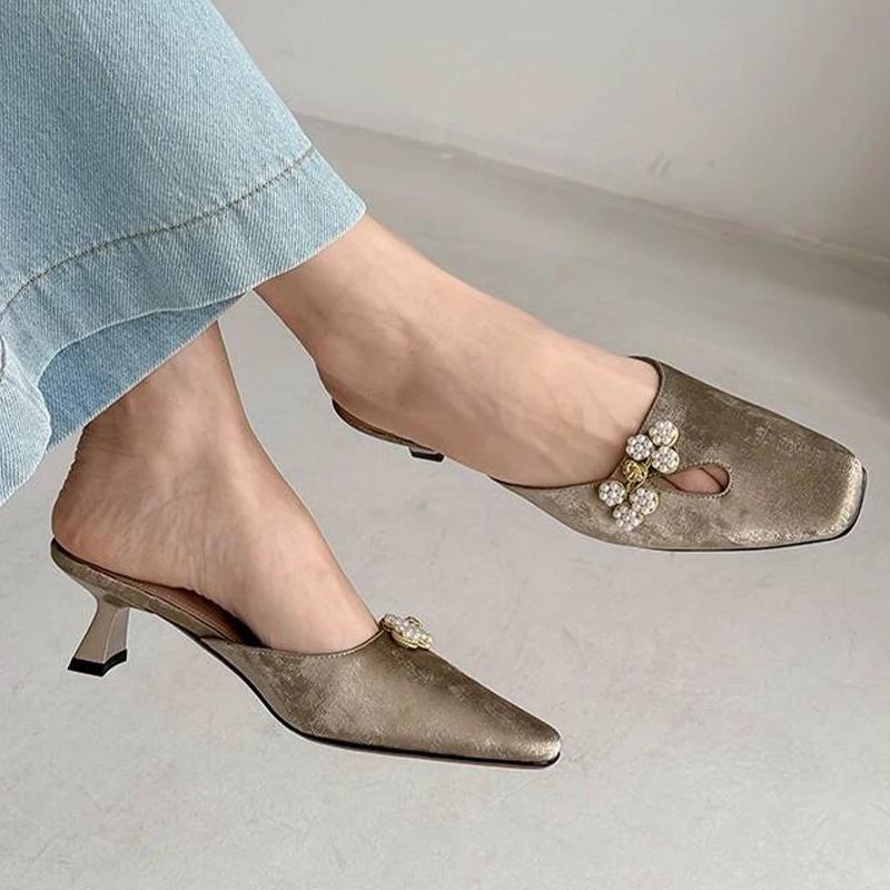 Fashion Women Heeled Slippers Square Toe Fashion Shoes Elegant Summer Sandals Walking 2025 Designer Dress Pumps New Luxury Ladias Shoes