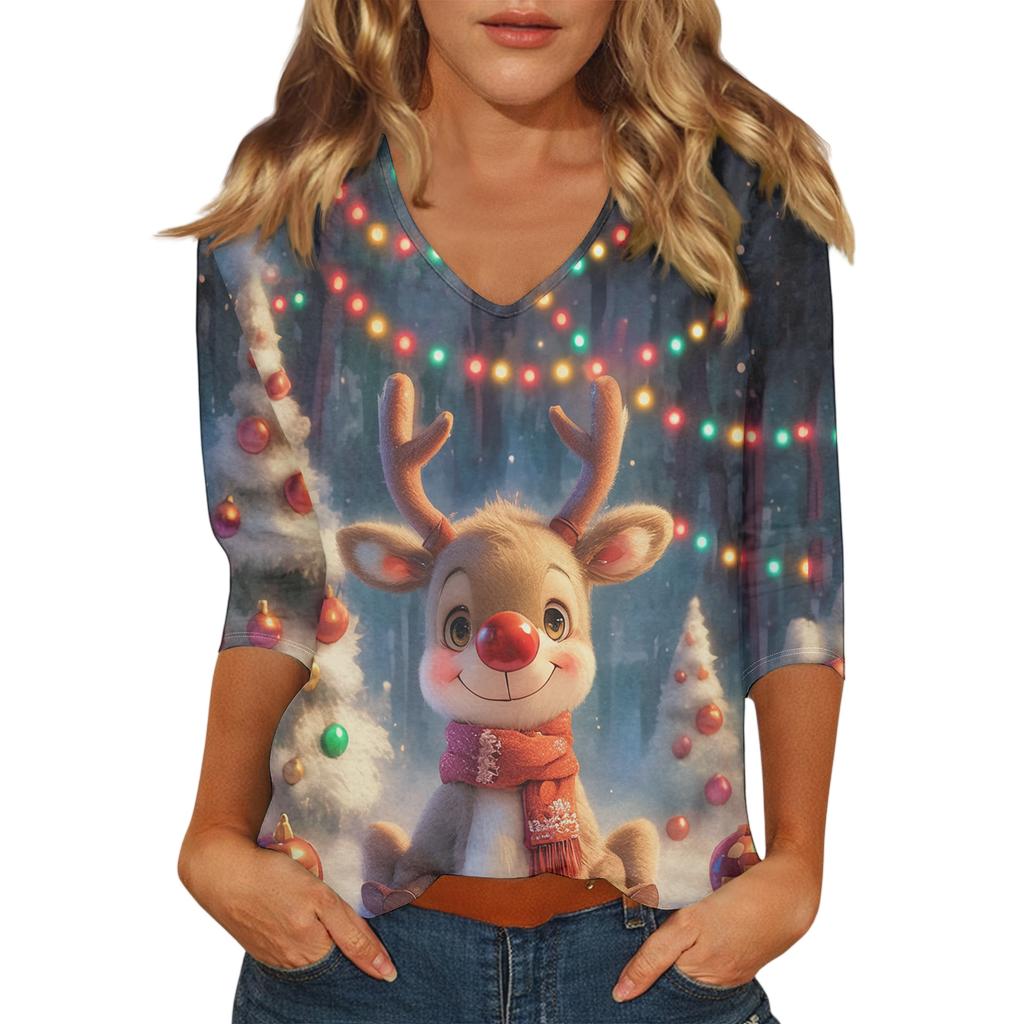 Dámský vánoční potištěný módní ležérní top se sedmiosminovými rukávy a výstřihem do V