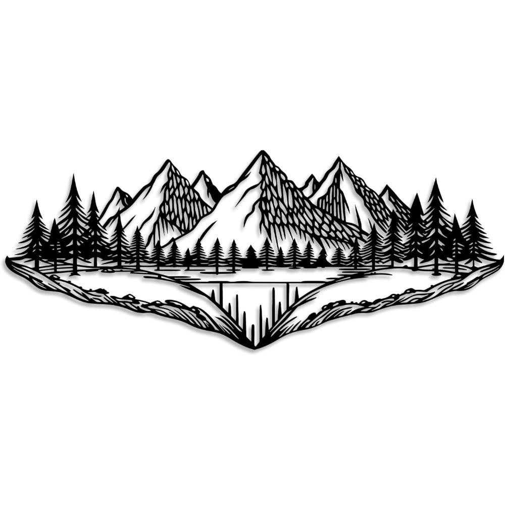 Pine Mountain Forest Metal Wall Art Black Line Decor for Living Room Bedroom Bathroom