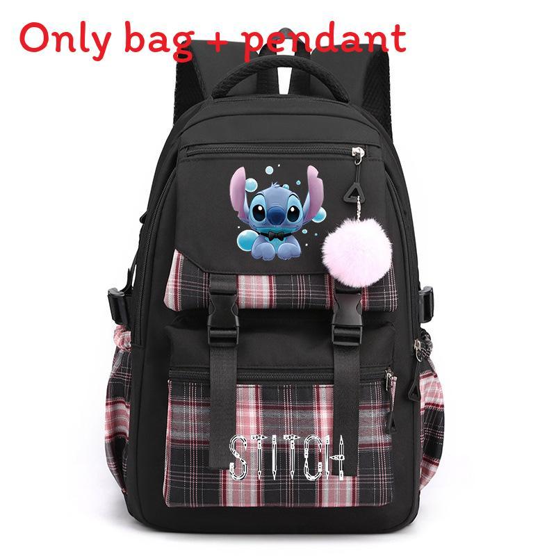 Cute Girl Backpack For School With Stitch Print And Checkered Patchwork Design For Middle School Students
