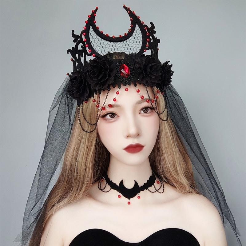 Tag der Toten Stirnband Gothic Kopfschmuck Schwarzer Schleier Krone Barock Tiara Krone Lolita Haaraccessoires Halloween Krone