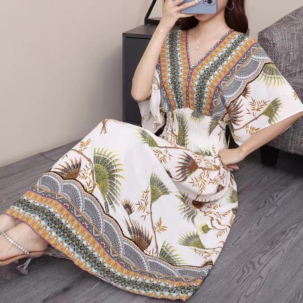 Ethnic Style V-neck Cotton and Silk Short-sleeved Beach Dress Thailand Travel Dress Summer Print Vacation Floral Skirt