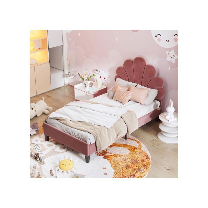 Lit d'enfant - MUVOE - 90x200cm - Tête de lit fleur - Velours rouge haricot - Montage facile
