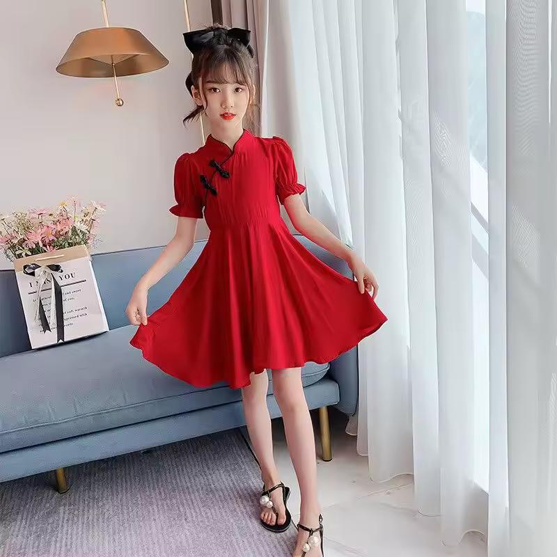 Girls' Summer Dress: Chinese-Style Red Tang-Style Qipao Retro Performance Costume