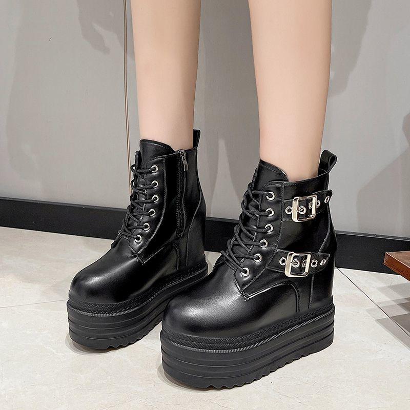 Fashion Women High Platform Ankle Boots Autumn Gothic Style Leather Shoes Buckle Punk Motorcycle Boots Round Toe Chunky Sneakers