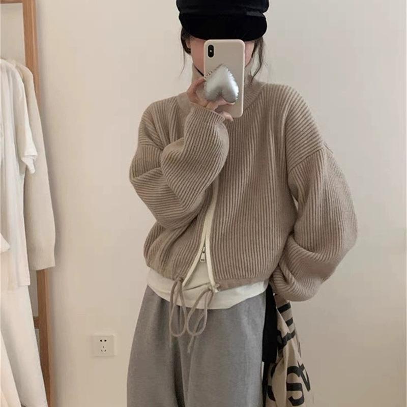 Дизайнерский кардиган Sense с воротником-стойкой, двойной застежкой-молнией, трикотажный женский свитер на осень и зиму, свободный, ленивый, повседневный, от ветра One size хаки